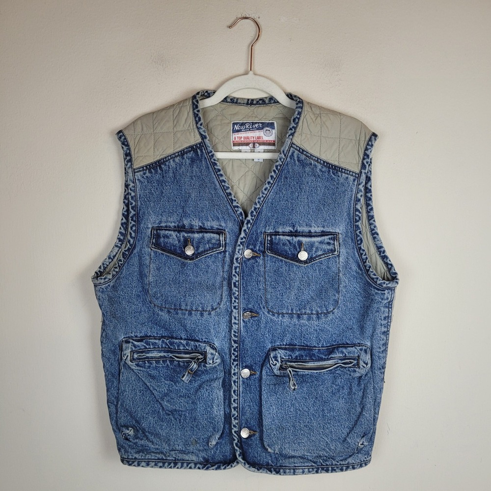VTG New River Vest Small Blue Denim Quilted Padded Utility Chore Gorpcore Field